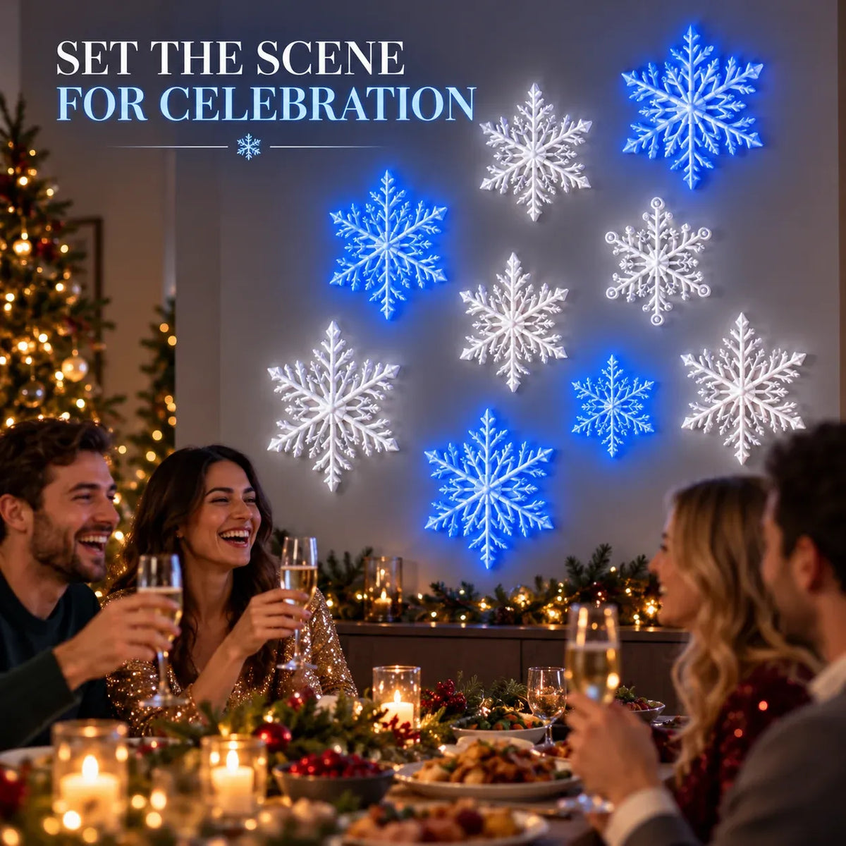 ❄️ Lampade da parete a LED a forma di fiocco di neve | Decorazioni natalizie 3D a forma di fiocco di neve | Set da 12, 24 e 36 fiocchi di neve | Luce blu e bianca + telecomando