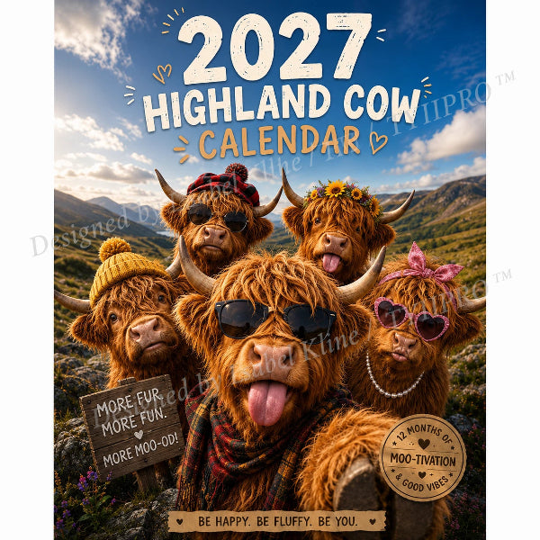 Calendario da parete A4 2027 con immagini divertenti di mucche delle Highlands