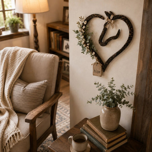 Decorazione da parete rustica a forma di cuore di cavallo con piante verdi – Elemento decorativo in stile country-equestre per la casa