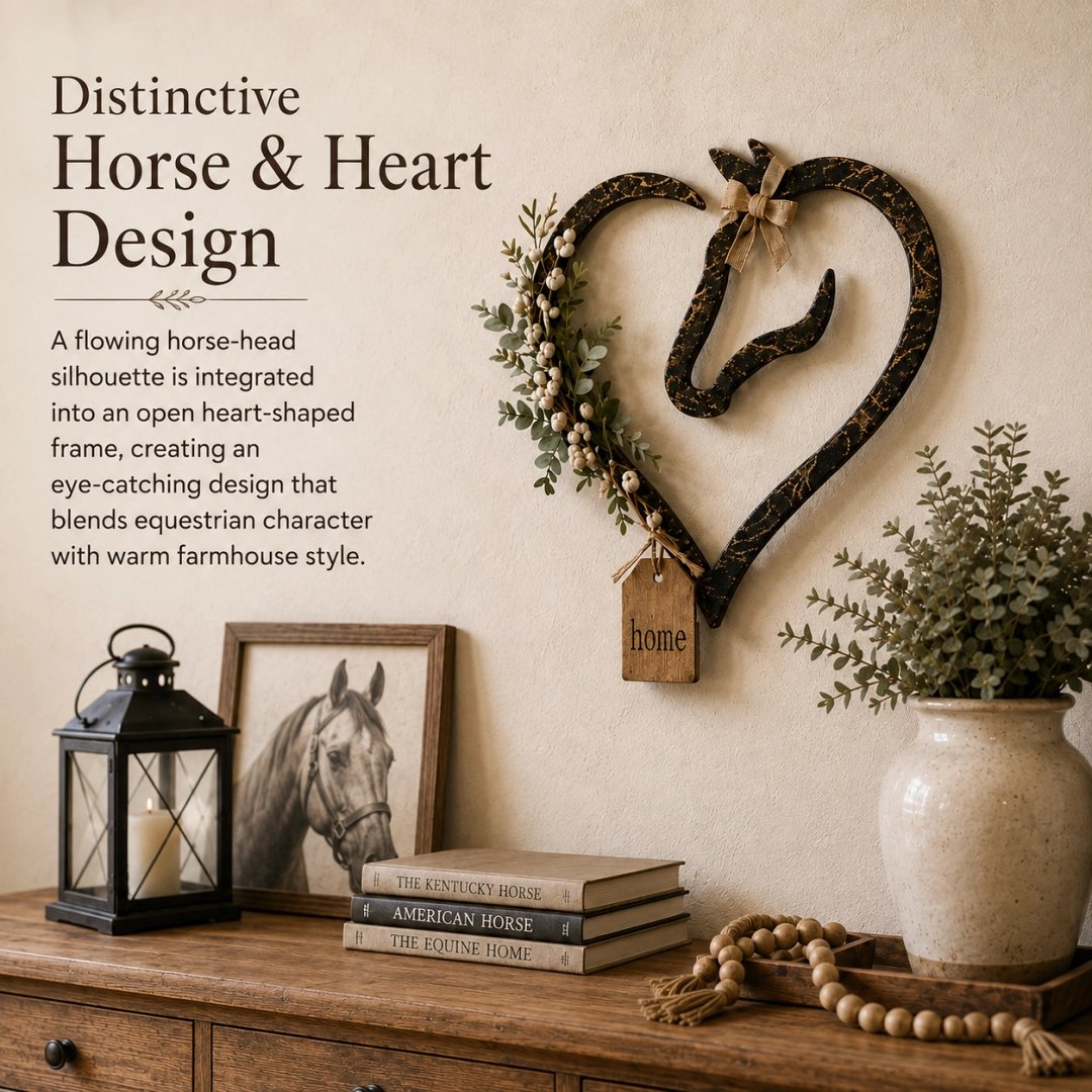 Decorazione da parete rustica a forma di cuore di cavallo con piante verdi – Elemento decorativo in stile country-equestre per la casa