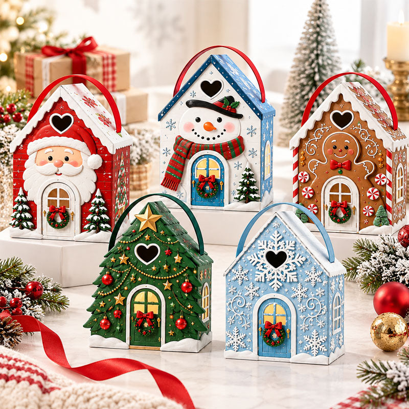 Confezione regalo “Christmas Cottage” con manico – Scatola regalo 3D a tema natalizio per caramelle e biscott