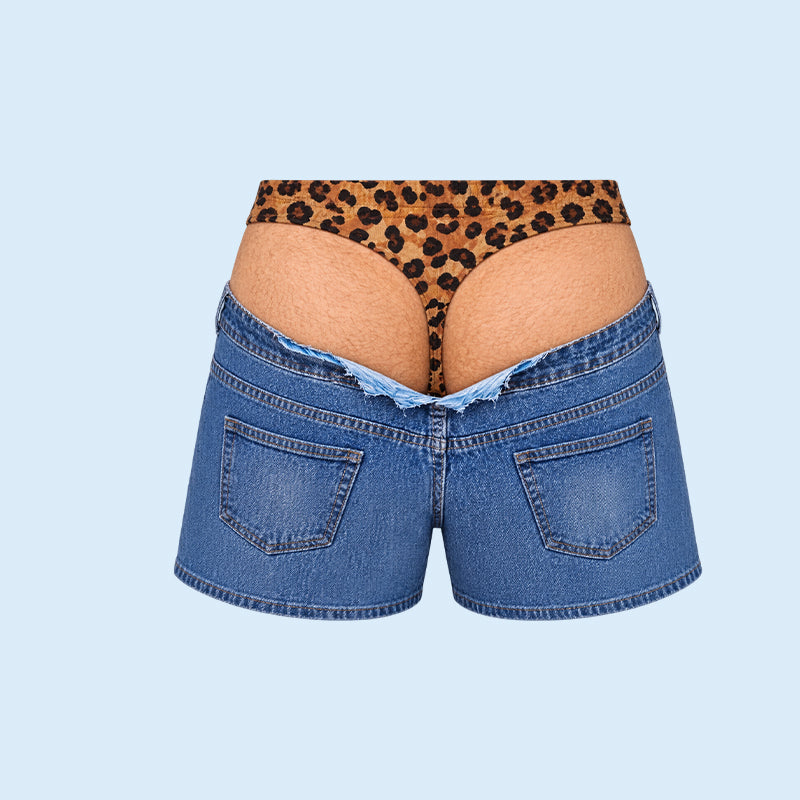 Divertenti pantaloncini da bagno in finto denim con stampa leopardata | Pantaloncini da spiaggia fantasiosi con effetto ottic