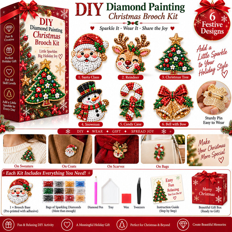 ✨🎄 Kit fai da te per spille natalizie con tecnica “diamond painting” — 6 disegni a tema festivo, per un tocco di brillantezza da indossare