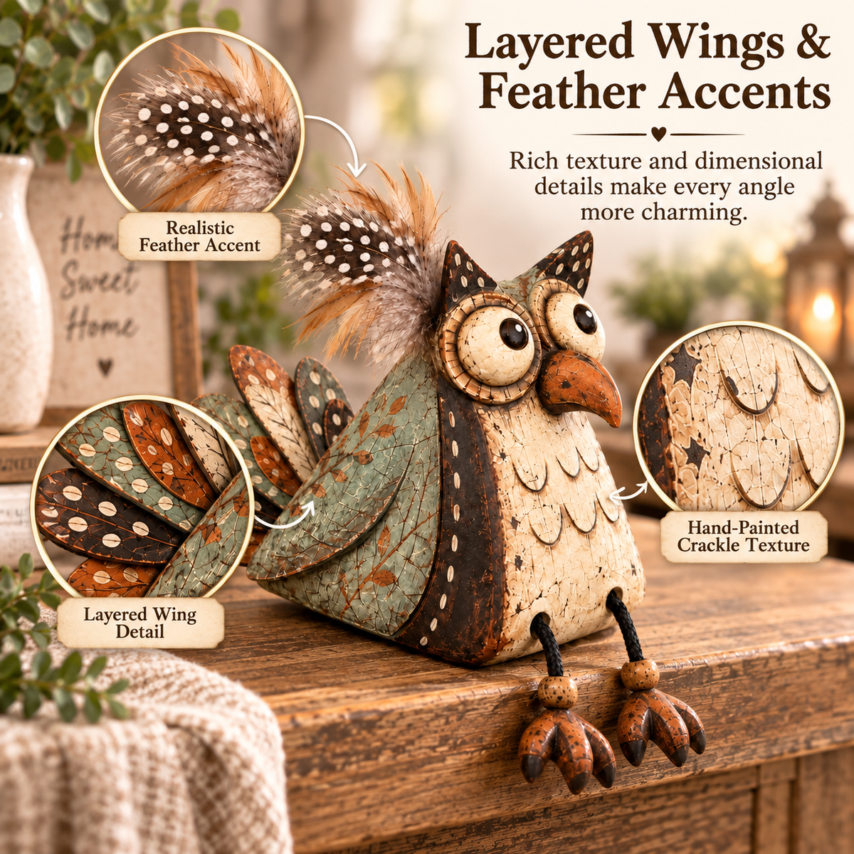 🦉 Decorazione rustica con gufo appollaiato su una tavola e zampe penzolanti — Atmosfera country