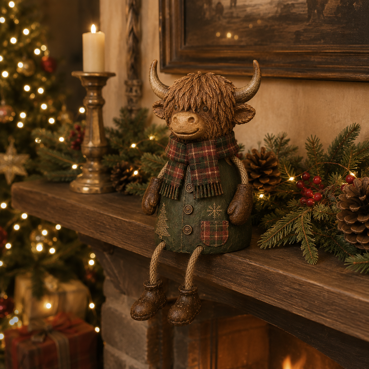 Statua di un bue delle Highlands natalizia — Una decorazione natalizia rustica per la cas
