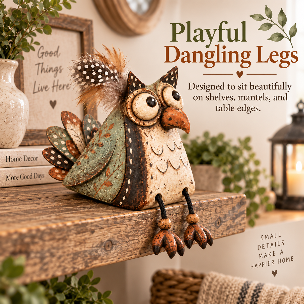 🦉 Decorazione rustica con gufo appollaiato su una tavola e zampe penzolanti — Atmosfera country