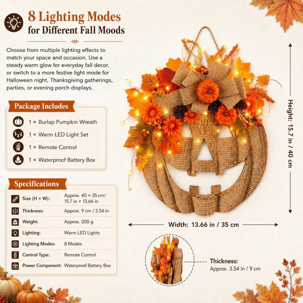 🎃✨ Ghirlanda di zucche in tela di juta illuminata