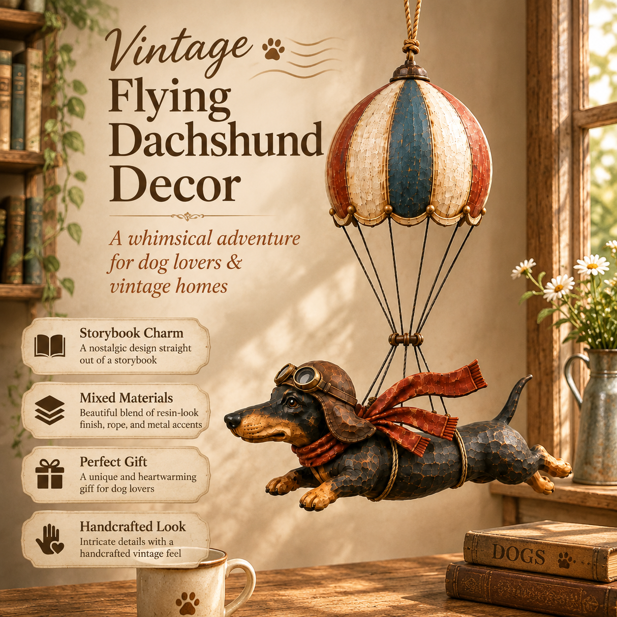 Decorazione vintage con bassotto volante su mongolfier