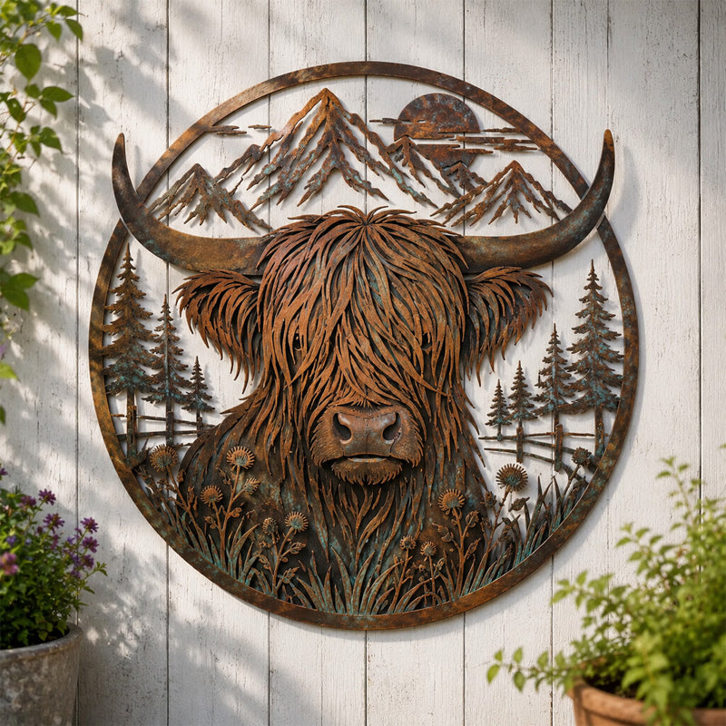 🐂Quadro da parete in metallo con scena di montagna e mucca delle Highlands