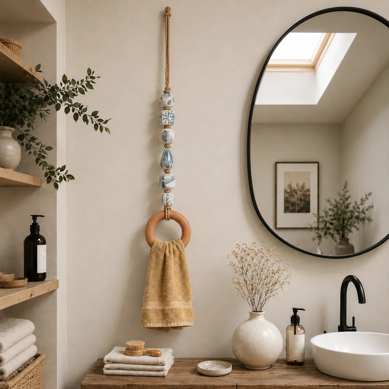 Appendi asciugamani decorativo con perline e anello in legn
