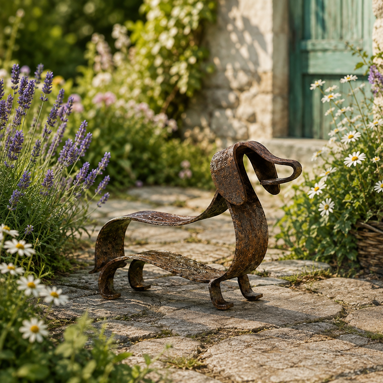 Scultura in metallo raffigurante un bassotto rustic