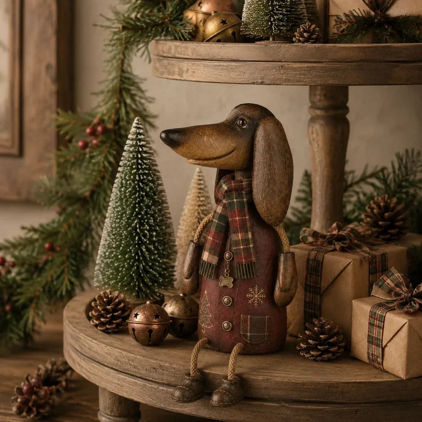 🎄 Figurina vintage da mensola a forma di bassotto natalizio | Decorazione festiva a forma di can