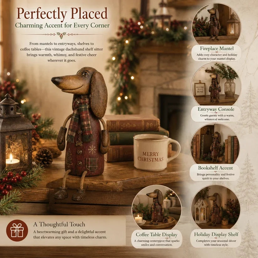 🎄 Figurina vintage da mensola a forma di bassotto natalizio | Decorazione festiva a forma di can