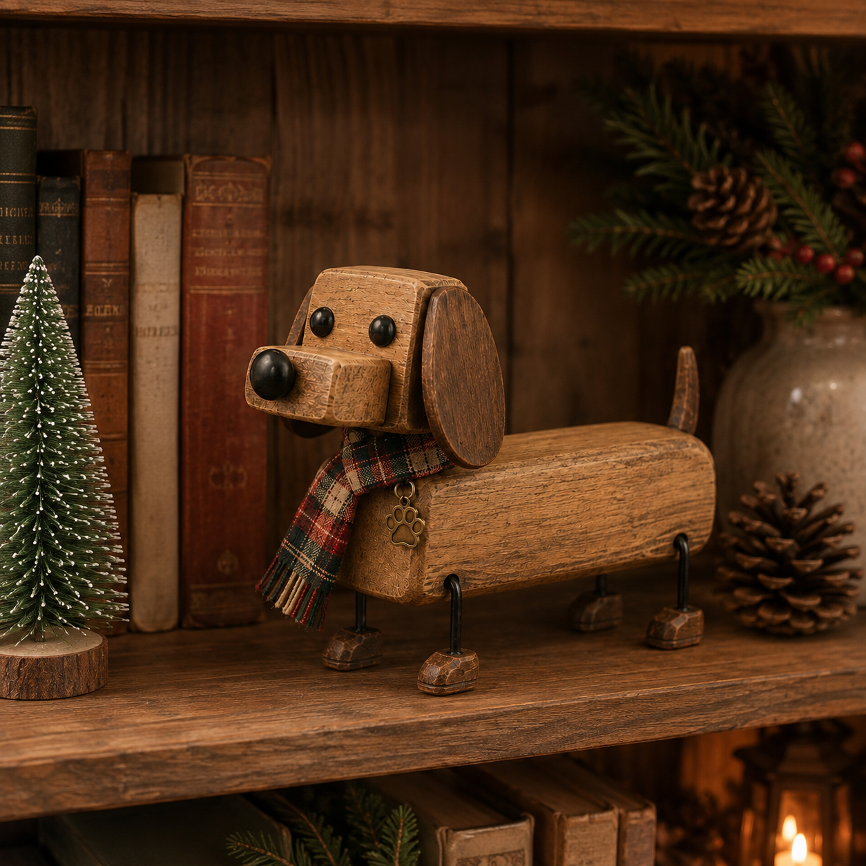 ✨Statuetta rustica in legno di un bassotto natalizi