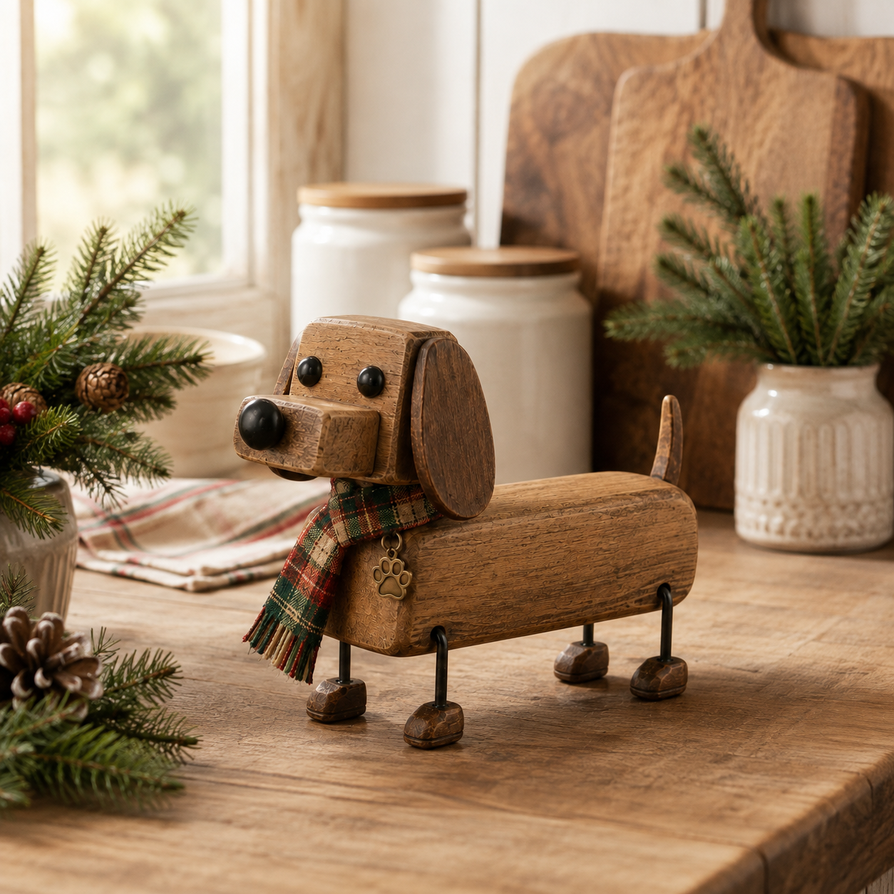 ✨Statuetta rustica in legno di un bassotto natalizi