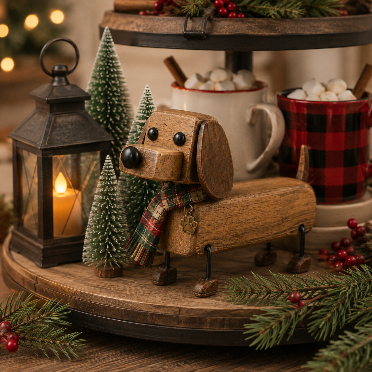 ✨Statuetta rustica in legno di un bassotto natalizi