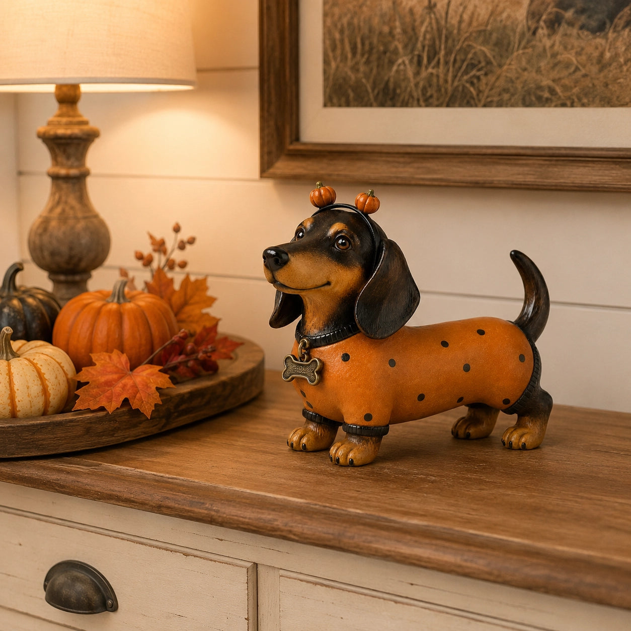 Simpatica statuetta in resina a forma di bassotto e zucca per Hallowee