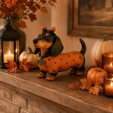 Simpatica statuetta in resina a forma di bassotto e zucca per Hallowee