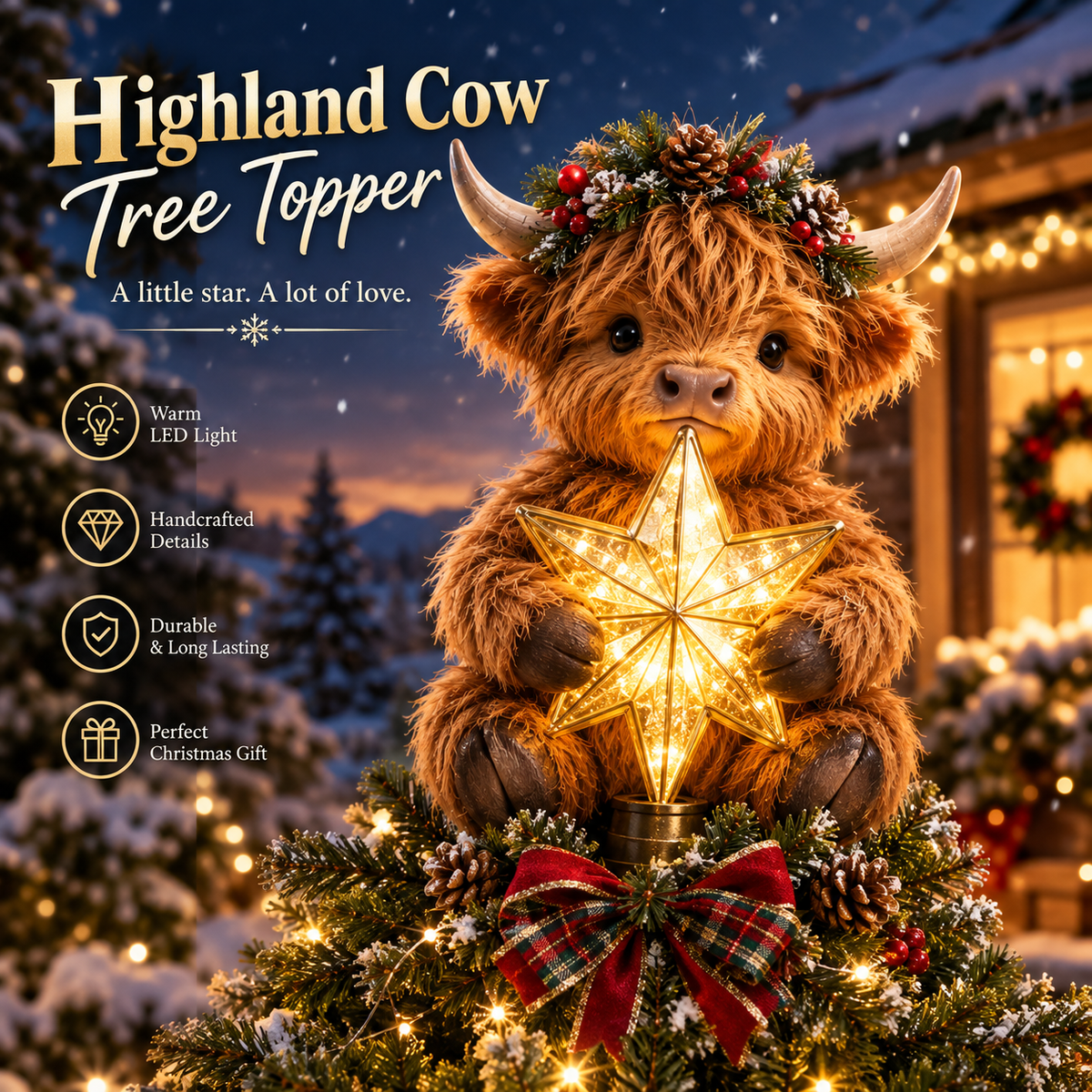 🎄Una vitellina Highland che brilla come una stella, da usare come decorazione per l'albero di Natale✨