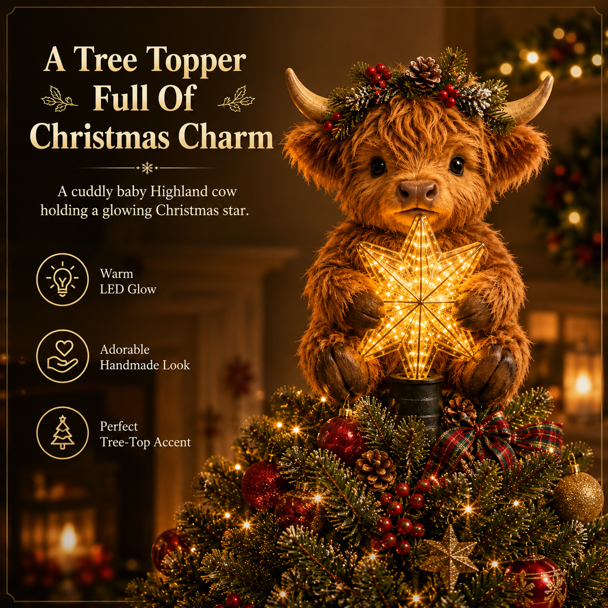 🎄Una vitellina Highland che brilla come una stella, da usare come decorazione per l'albero di Natale✨