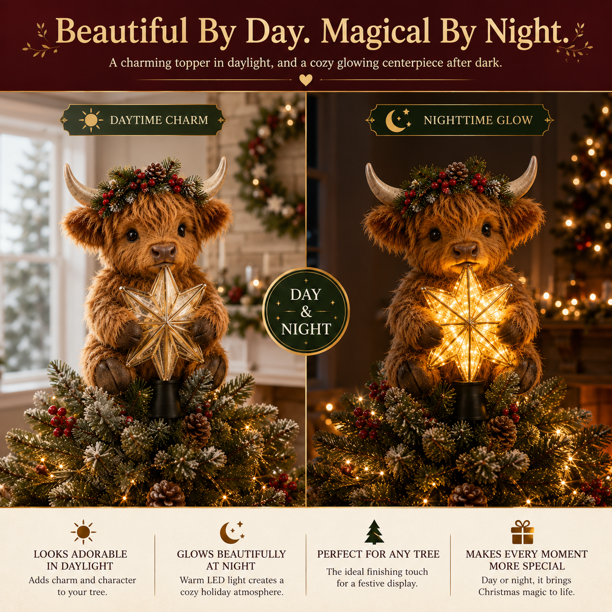 🎄Una vitellina Highland che brilla come una stella, da usare come decorazione per l'albero di Natale✨