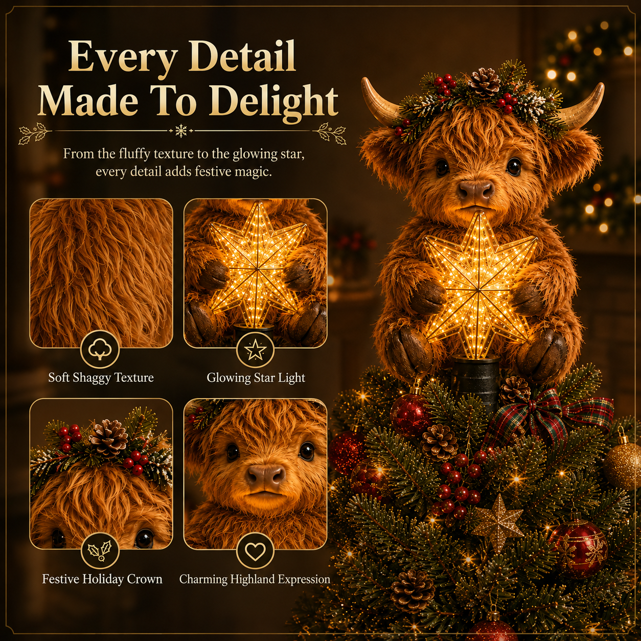 🎄Una vitellina Highland che brilla come una stella, da usare come decorazione per l'albero di Natale✨