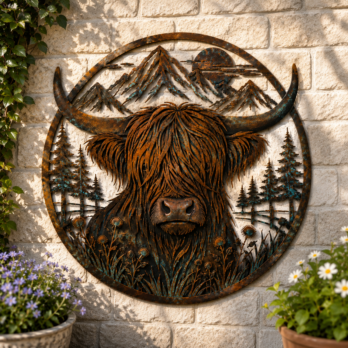 🐂Quadro da parete in metallo con scena di montagna e mucca delle Highlands