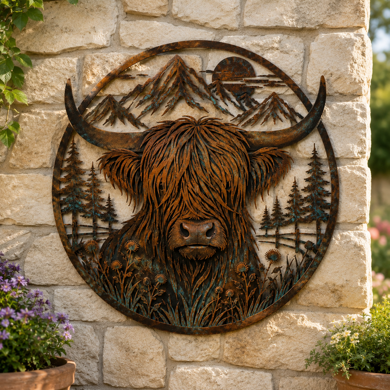 🐂Quadro da parete in metallo con scena di montagna e mucca delle Highlands