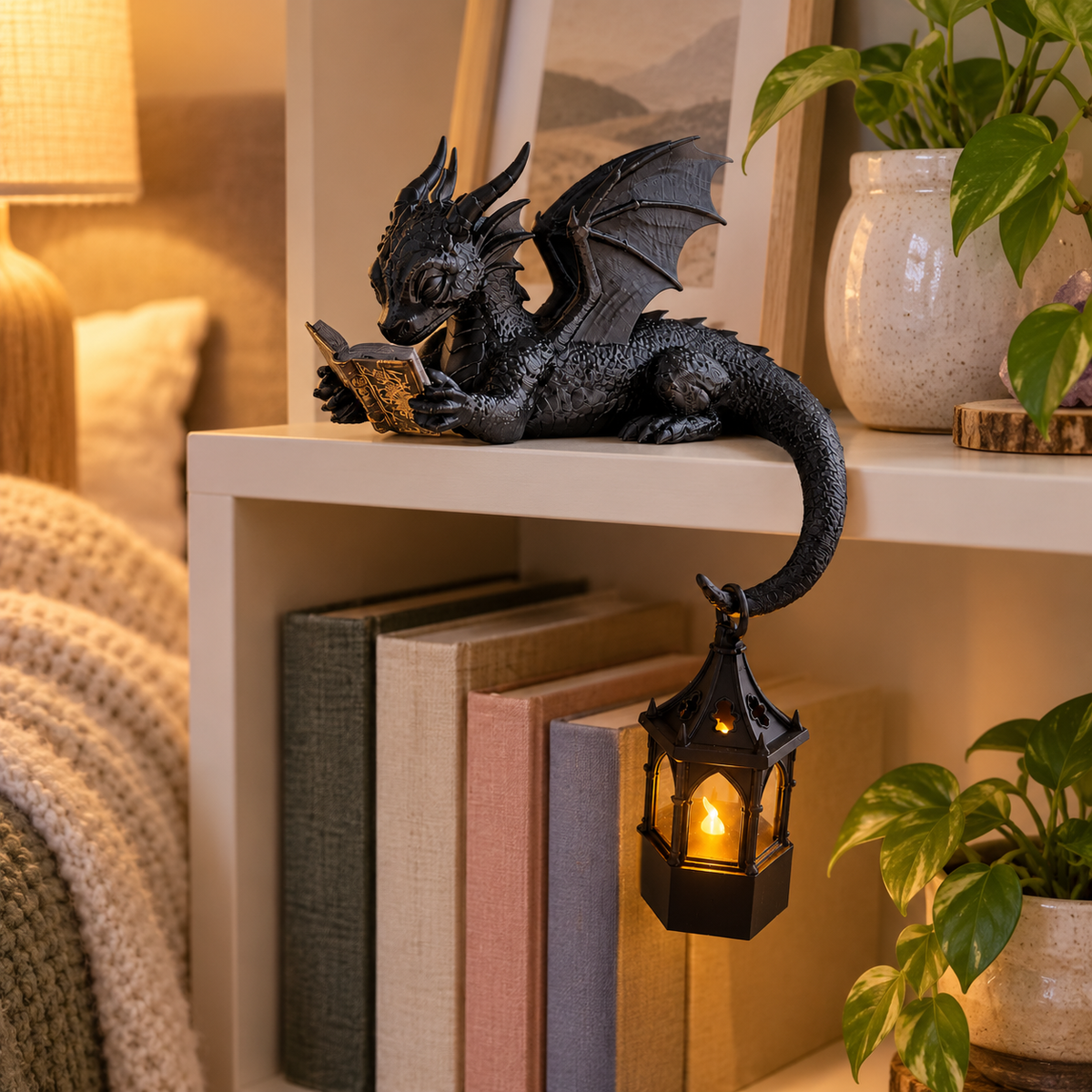🐉Decorazione da scaffale “Drago che legge” con lanterna a LE