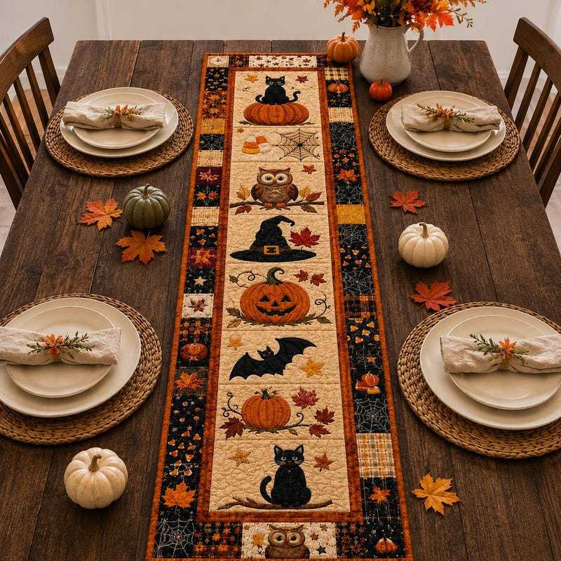 🎃 Runner da tavola trapuntato per Halloween – Una decorazione autunnale accogliente in pochi second