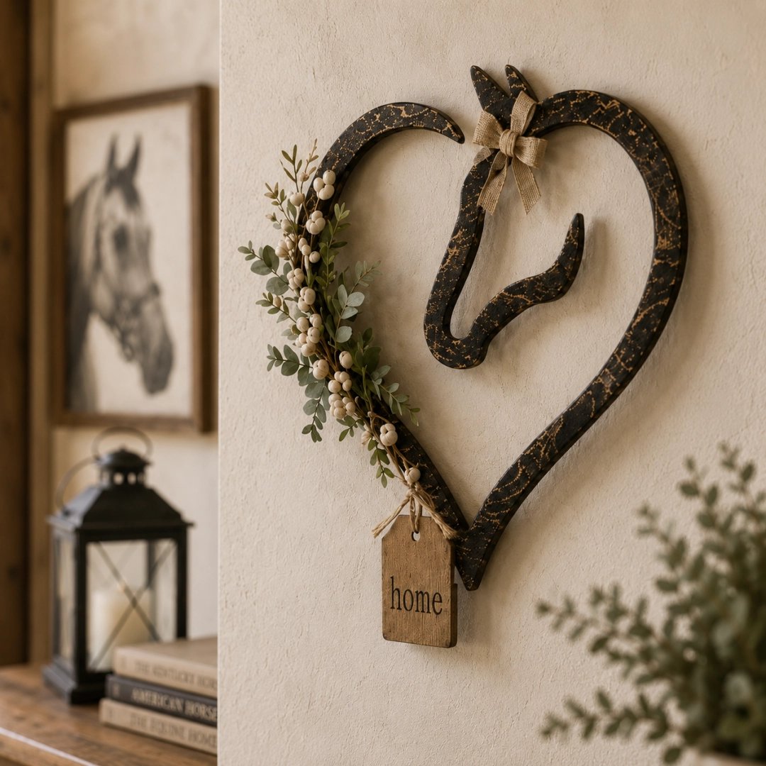 Decorazione da parete rustica a forma di cuore di cavallo con piante verdi – Elemento decorativo in stile country-equestre per la casa
