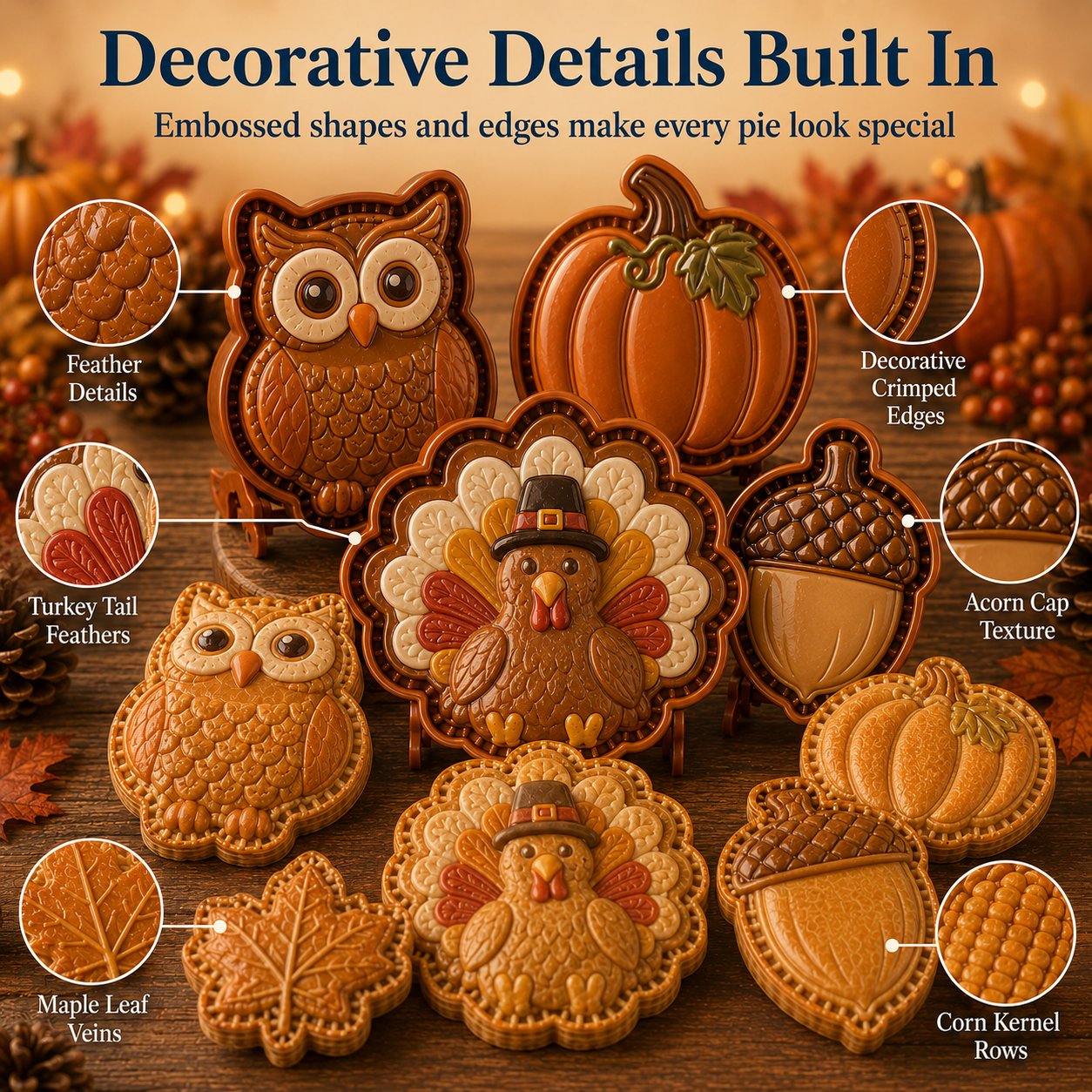 🍂 Collezione di 8 stampi per mini torte autunnali | Stampi riutilizzabili con motivi in rilievo per realizzare forme dettagliate di gufo, volpe, tacchino, zucca, ghianda e altro ancora 🍂✨