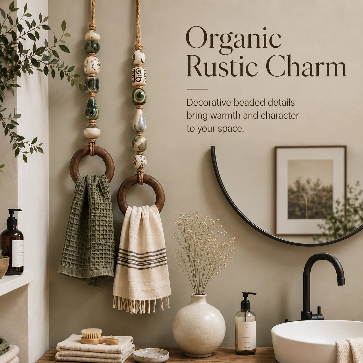 Appendi asciugamani decorativo con perline e anello in legn