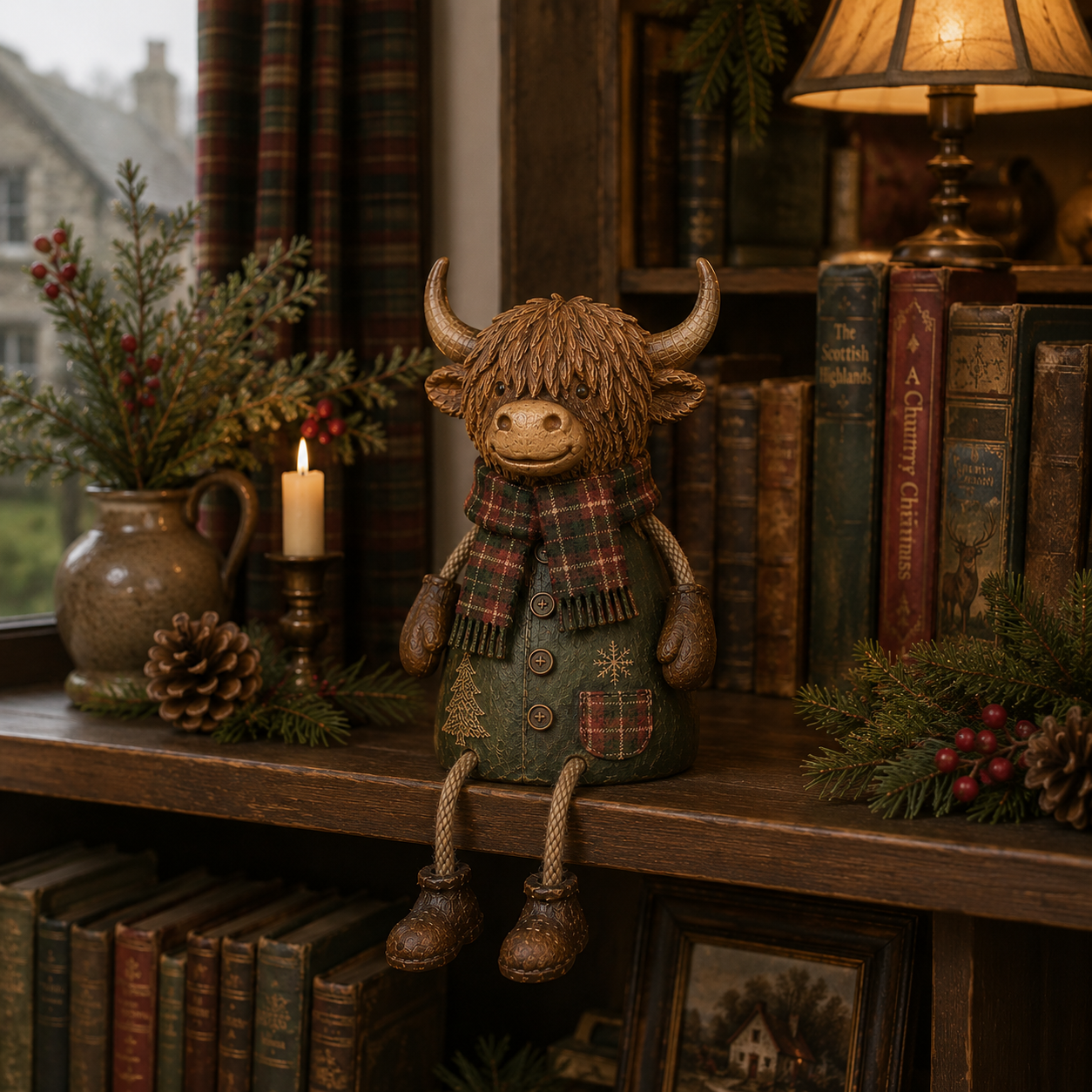 Statua di un bue delle Highlands natalizia — Una decorazione natalizia rustica per la cas