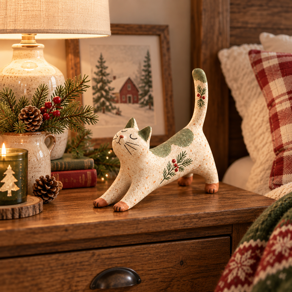 🐈🎄 Statuetta natalizia di gatto woodland--un tocco rustico e accogliente per la casa delle feste