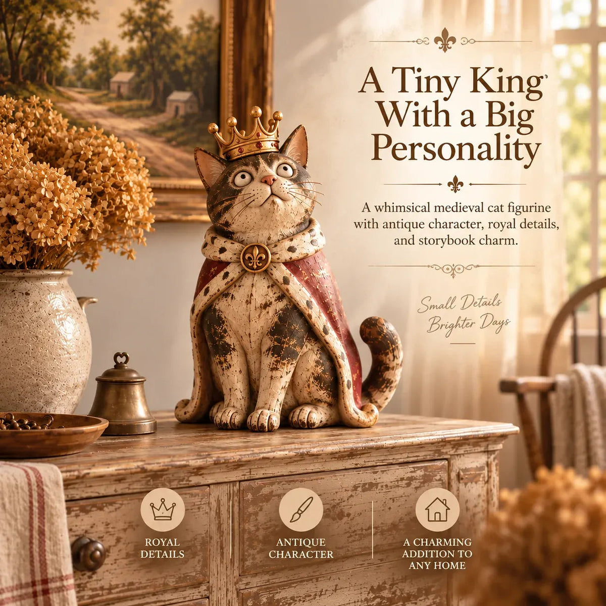 👑 Figurine della Corte dei Gatti Medievale | 5 personaggi reali di ispirazione vintage per mensole, mensole del camino e collezionisti di gatti 🐈