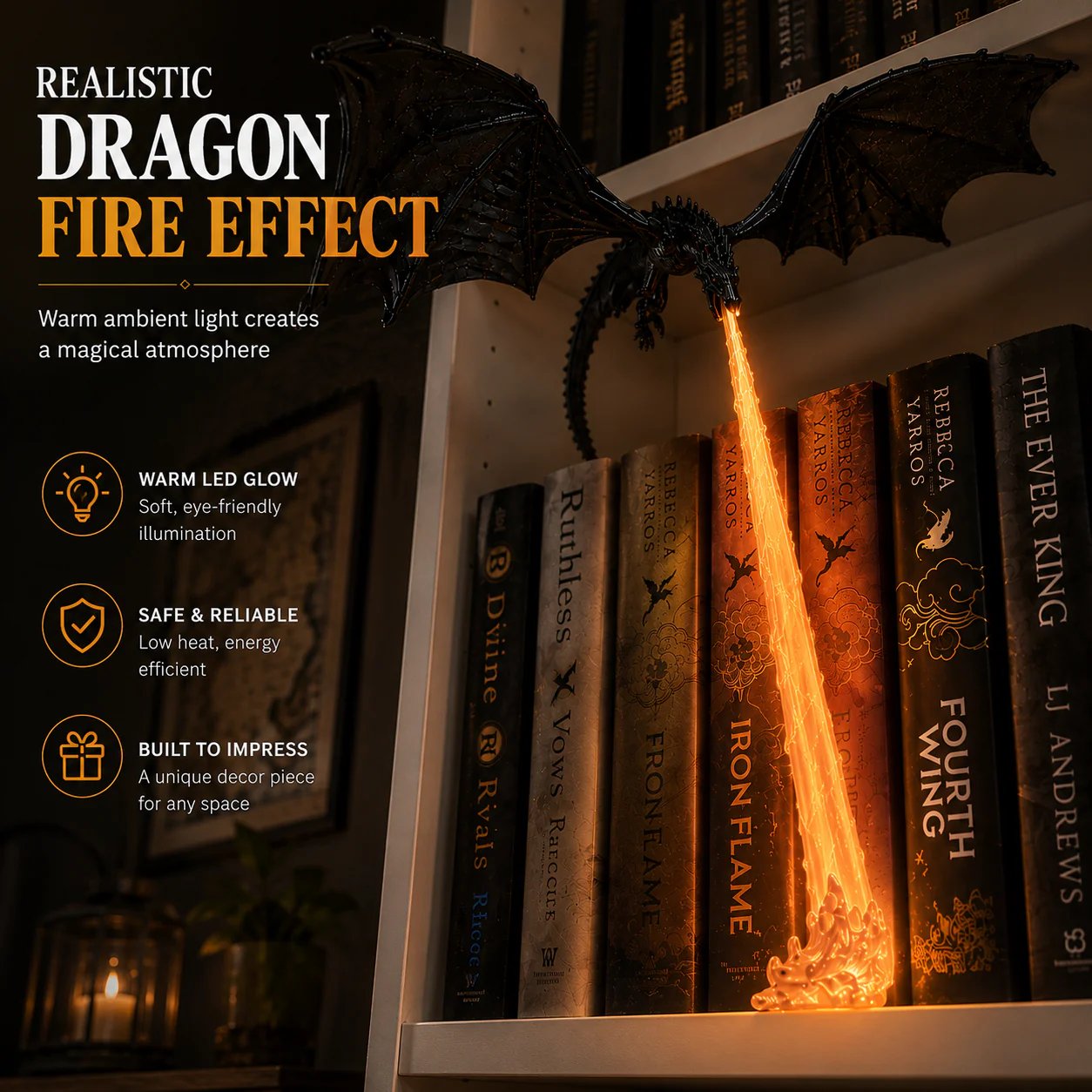 🐉 Lampada decorativa a forma di drago sputafuoco da scaffale + set di luci LED a forma di fiamma