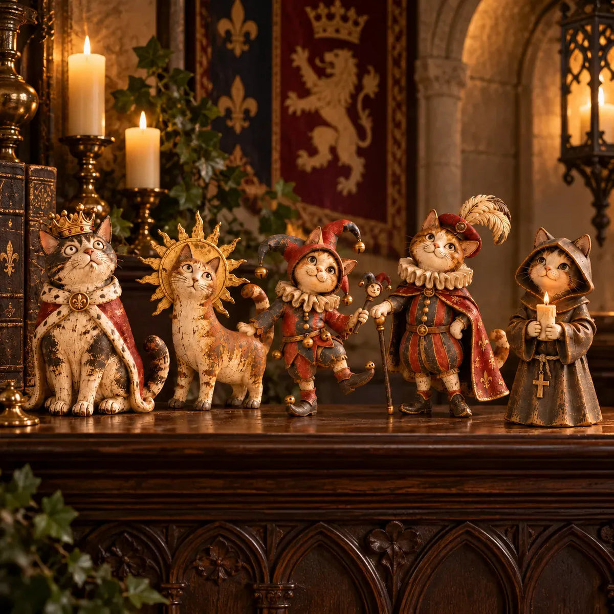 👑 Figurine della Corte dei Gatti Medievale | 5 personaggi reali di ispirazione vintage per mensole, mensole del camino e collezionisti di gatti 🐈