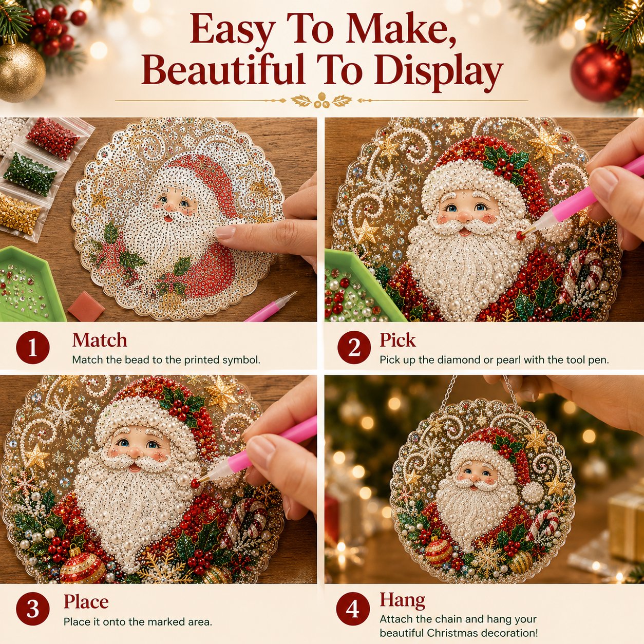 🎄Kit per decorazioni natalizie da appendere in stile Diamond Art con perline perlacee | Tela di lusso floccata con perline perlacee resistenti ai graffi e che non sbiadiscono – Decorazioni natalizie fai da te da appendere, realizzate a mano 🎅💎