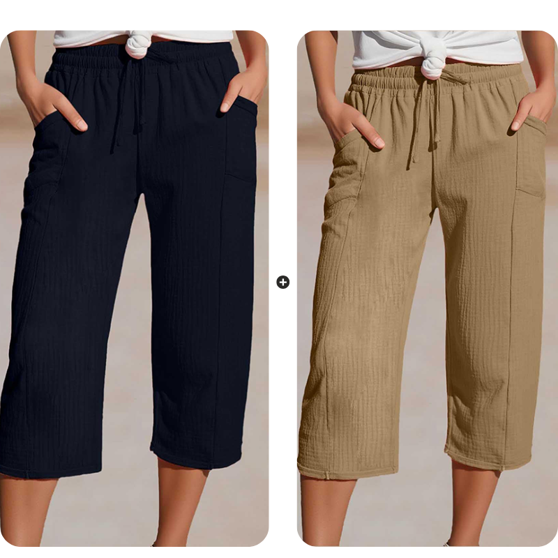 Pantaloncini da donna in cotone e lino a pieghe, tinta unit