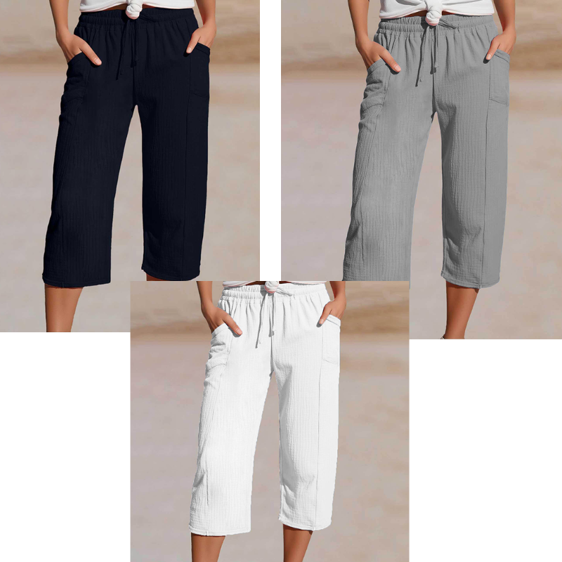 Pantaloncini da donna in cotone e lino a pieghe, tinta unit