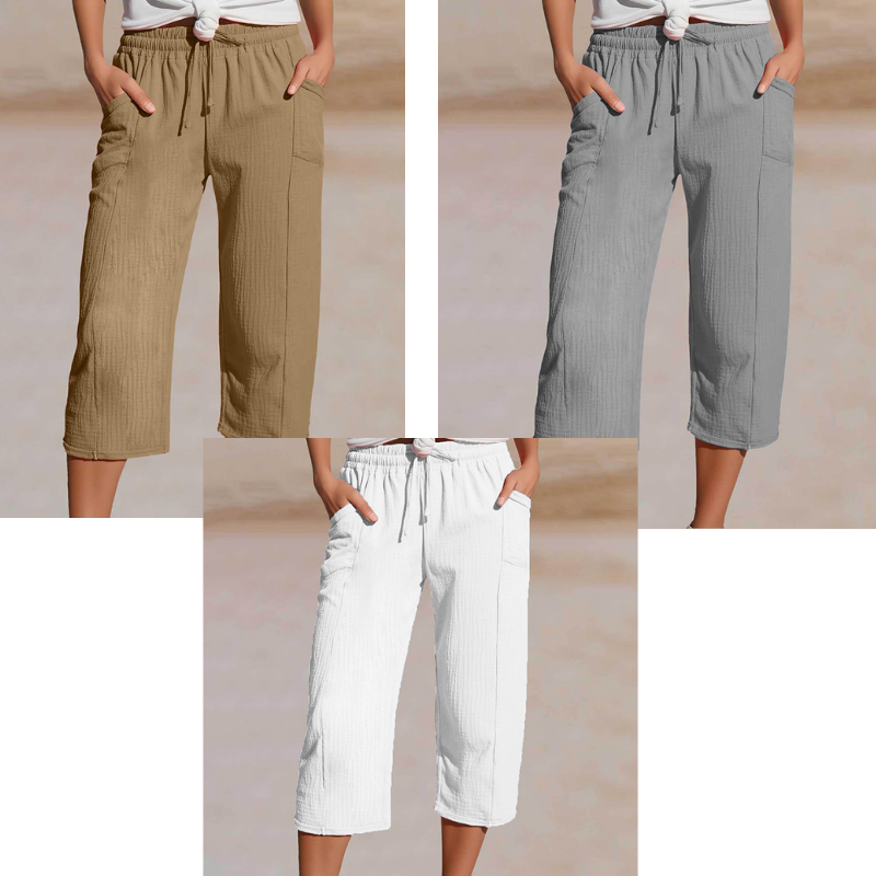 Pantaloncini da donna in cotone e lino a pieghe, tinta unit