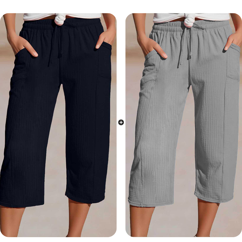 Pantaloncini da donna in cotone e lino a pieghe, tinta unit