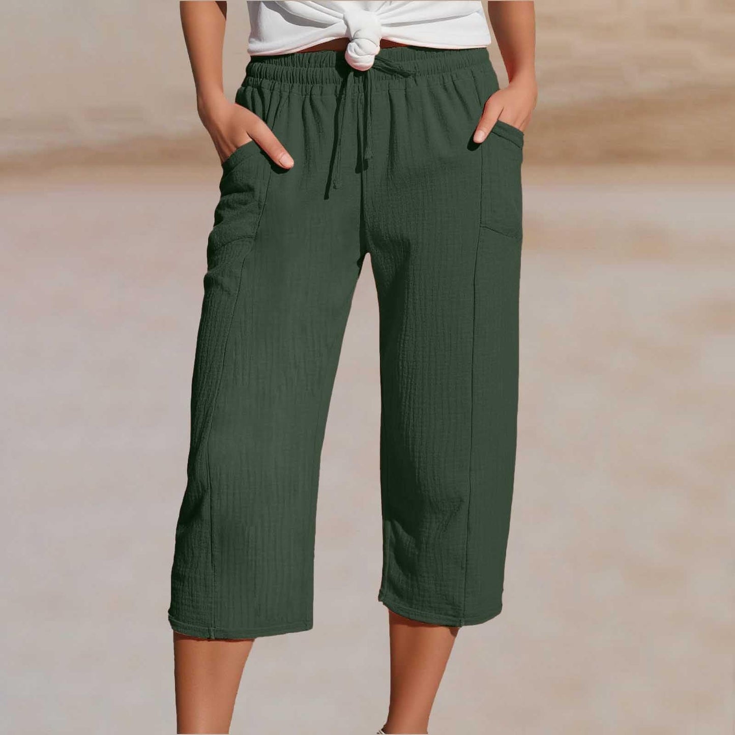 Pantaloncini da donna in cotone e lino a pieghe, tinta unit