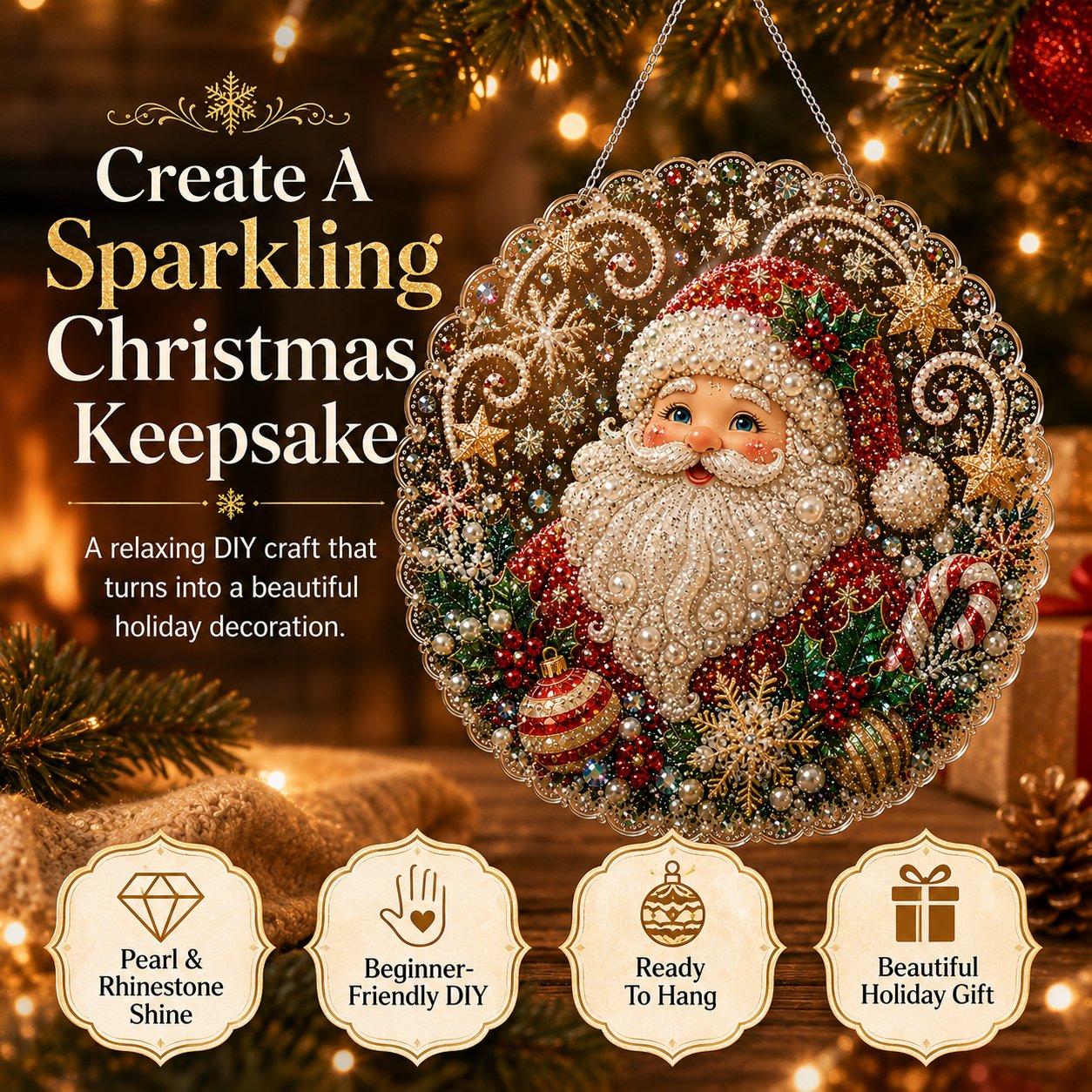 🎄Kit per decorazioni natalizie da appendere in stile Diamond Art con perline perlacee | Tela di lusso floccata con perline perlacee resistenti ai graffi e che non sbiadiscono – Decorazioni natalizie fai da te da appendere, realizzate a mano 🎅💎