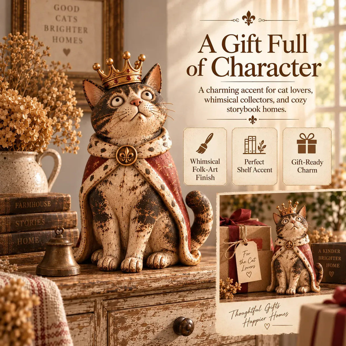 👑 Figurine della Corte dei Gatti Medievale | 5 personaggi reali di ispirazione vintage per mensole, mensole del camino e collezionisti di gatti 🐈