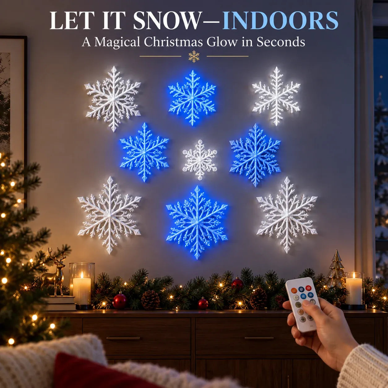 ❄️ Lampade da parete a LED a forma di fiocco di neve | Decorazioni natalizie 3D a forma di fiocco di neve | Set da 12, 24 e 36 fiocchi di neve | Luce blu e bianca + telecomando