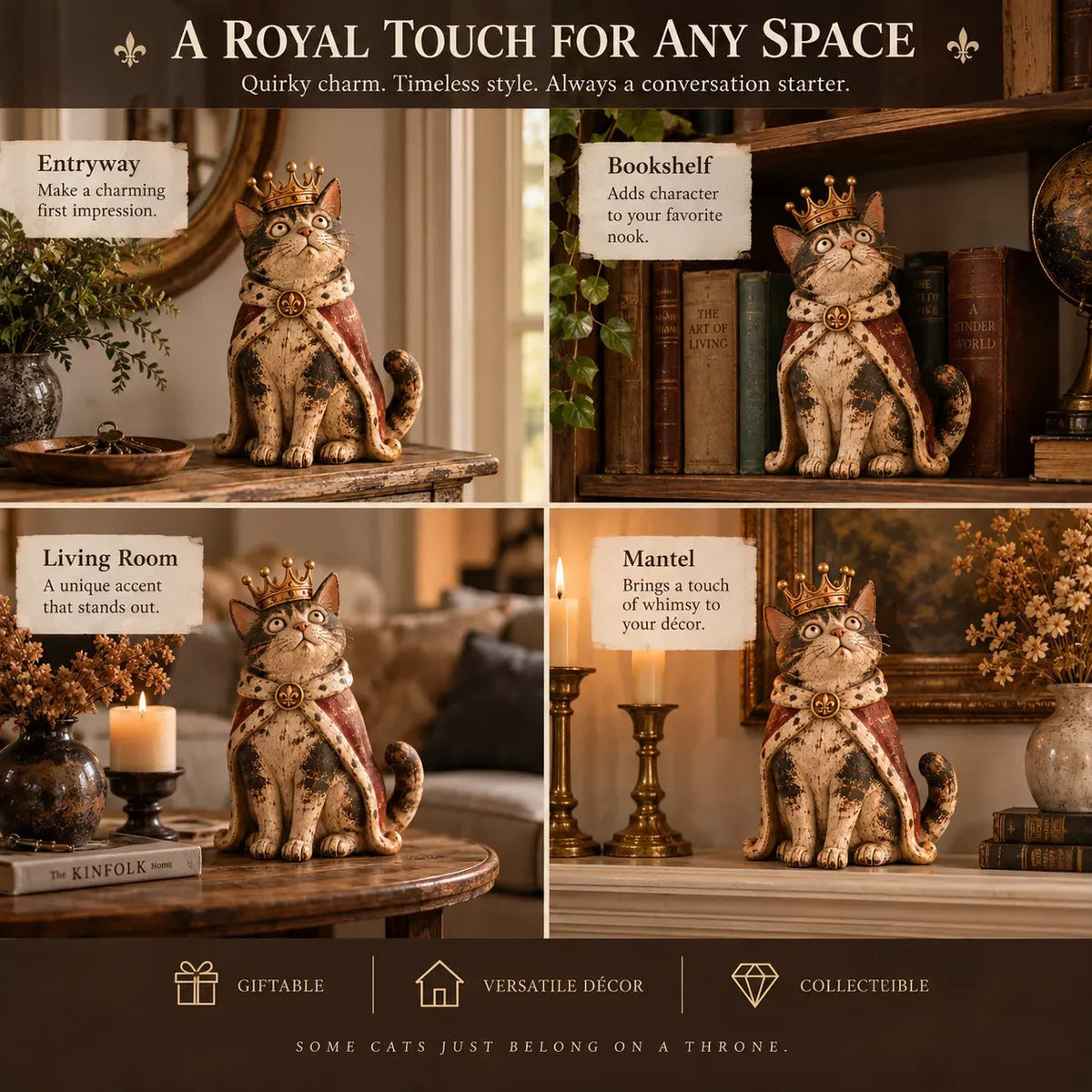 👑 Figurine della Corte dei Gatti Medievale | 5 personaggi reali di ispirazione vintage per mensole, mensole del camino e collezionisti di gatti 🐈