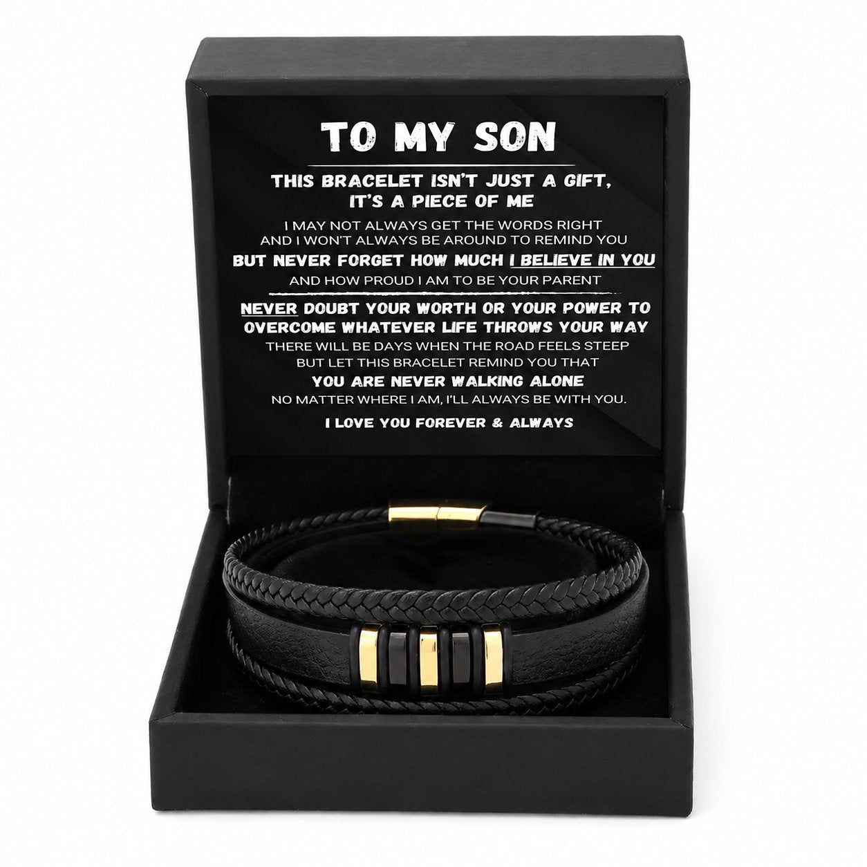 A mio figlio — Set di braccialetti intrecciati “Never Walk Alone” 🖤