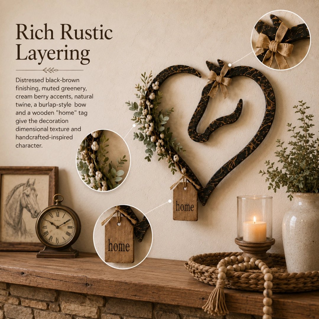 Decorazione da parete rustica a forma di cuore di cavallo con piante verdi – Elemento decorativo in stile country-equestre per la casa